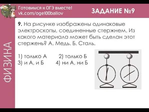 ЗАДАНИЕ №9 9. На рисунке изображены одинаковые электроскопы, соединенные стержнем. Из какого