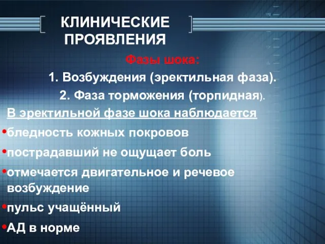 КЛИНИЧЕСКИЕ ПРОЯВЛЕНИЯ Фазы шока: 1. Возбуждения (эректильная фаза). 2. Фаза торможения (торпидная).