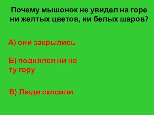 Почему мышонок не увидел на горе ни желтых цветов, ни белых шаров?