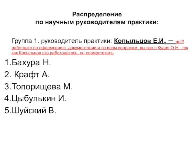 Распределение по научным руководителям практики: Группа 1. руководитель практики: Копыльцов Е.И. –