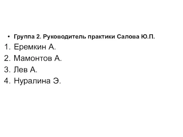 Группа 2. Руководитель практики Салова Ю.П. Еремкин А. Мамонтов А. Лев А. Нуралина Э.