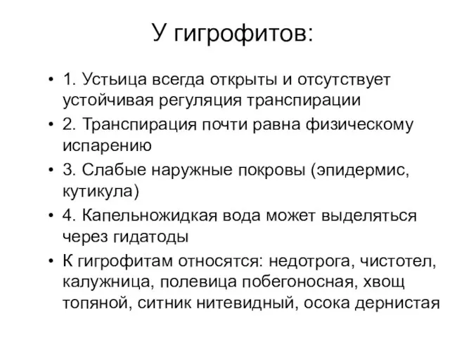 У гигрофитов: 1. Устьица всегда открыты и отсутствует устойчивая регуляция транспирации 2.