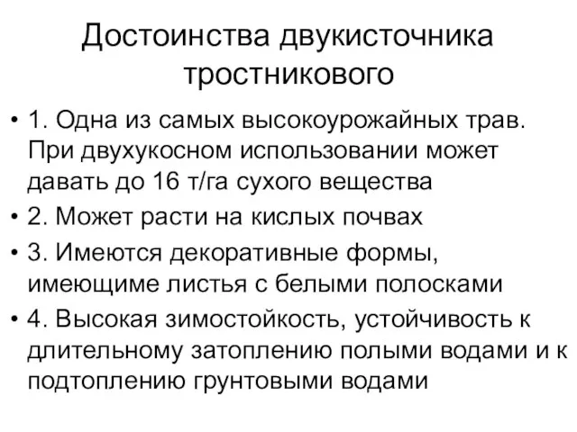 Достоинства двукисточника тростникового 1. Одна из самых высокоурожайных трав. При двухукосном использовании