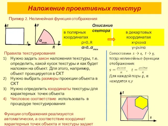 Наложение проективных текстур Пример 2. Нелинейная функция отображения в декартовых координатах x=ρcosα