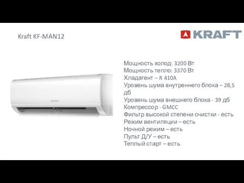 Kraft KF-MAN12 Мощность холод: 3200 Вт Мощность тепло: 3370 Вт Хладагент –