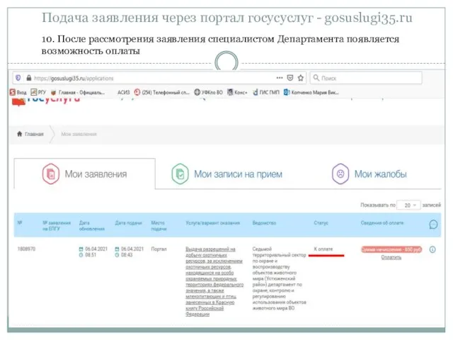 Подача заявления через портал госусуслуг - gosuslugi35.ru 10. После рассмотрения заявления специалистом Департамента появляется возможность оплаты
