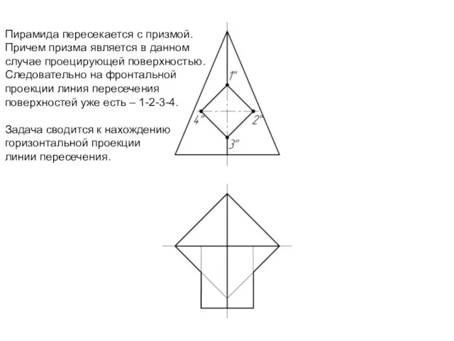 Пирамида пересекается с призмой. Причем призма является в данном случае проецирующей поверхностью.