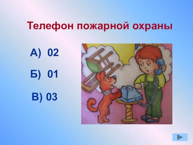 Телефон пожарной охраны А) 02 Б) 01 В) 03