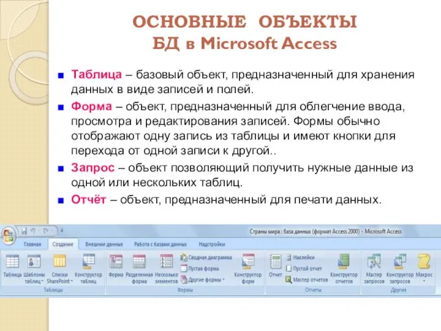 ОСНОВНЫЕ ОБЪЕКТЫ БД в Microsoft Access Таблица – базовый объект, предназначенный для