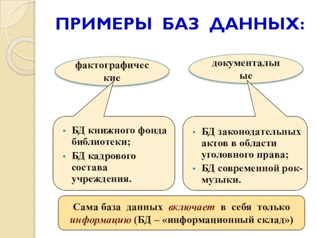 фактографические документальные ПРИМЕРЫ БАЗ ДАННЫХ: БД книжного фонда библиотеки; БД кадрового состава