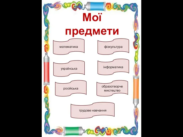 Мої предмети математика трудове навчання російська українська образотворче мистецтво інформатика фізкультура