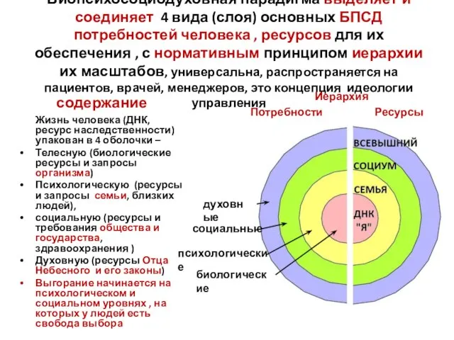 Биопсихосоциодуховная парадигма выделяет и соединяет 4 вида (слоя) основных БПСД потребностей человека