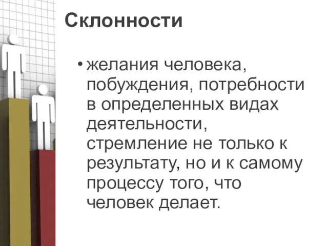 Склонности желания человека, побуждения, потребности в определенных видах деятельности, стремление не только