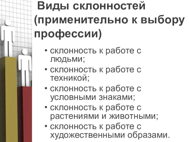 Виды склонностей (применительно к выбору профессии) склонность к работе с людьми; склонность