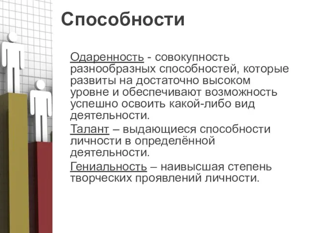 Способности Одаренность - совокупность разнообразных способностей, которые развиты на достаточно высоком уровне