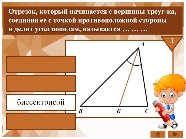 Отрезок, который начинается с вершины треуг-ка, соединяя ее с точкой противоположной стороны