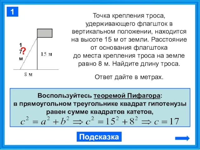 Точка крепления троса, удерживающего флагшток в вертикальном положении, находится на высоте 15