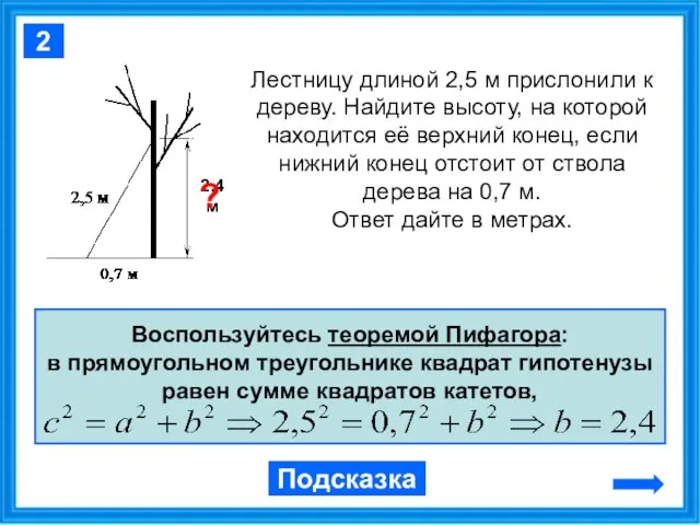 Лестницу длиной 2,5 м прислонили к дереву. Найдите высоту, на которой находится