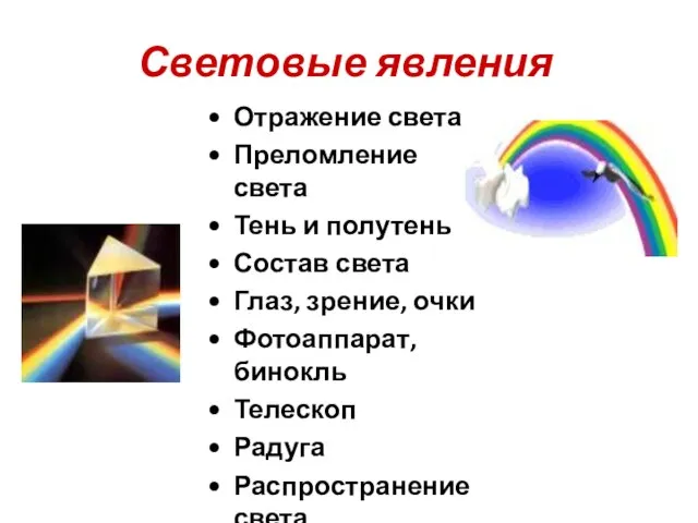 Световые явления Отражение света Преломление света Тень и полутень Состав света Глаз,