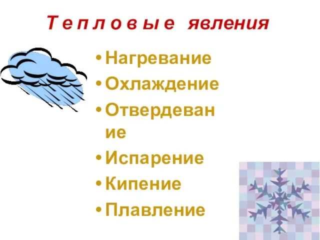 Т е п л о в ы е явления Нагревание Охлаждение Отвердевание Испарение Кипение Плавление