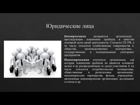 Юридические лица Коммерческими называются организации, преследующие извлечение прибыли в качестве основной цели