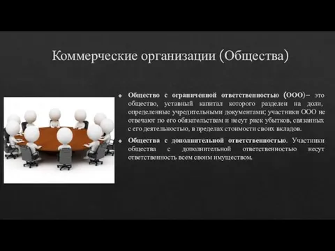 Коммерческие организации (Общества) Общество с ограниченной ответственностью (ООО)– это общество, уставный капитал