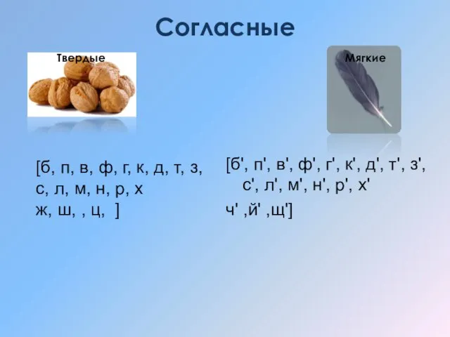 Согласные [б', п', в', ф', г', к', д', т', з', с', л',