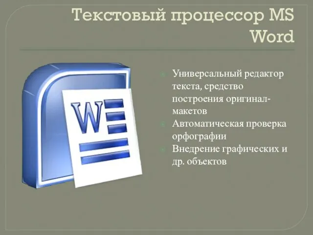 Текстовый процессор MS Word Универсальный редактор текста, средство построения оригинал-макетов Автоматическая проверка