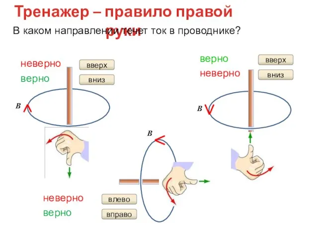 Тренажер – правило правой руки В каком направлении течет ток в проводнике?