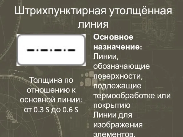 Штрихпунктирная утолщённая линия Основное назначение: Линии, обозначающие поверхности, подлежащие термообработке или покрытию