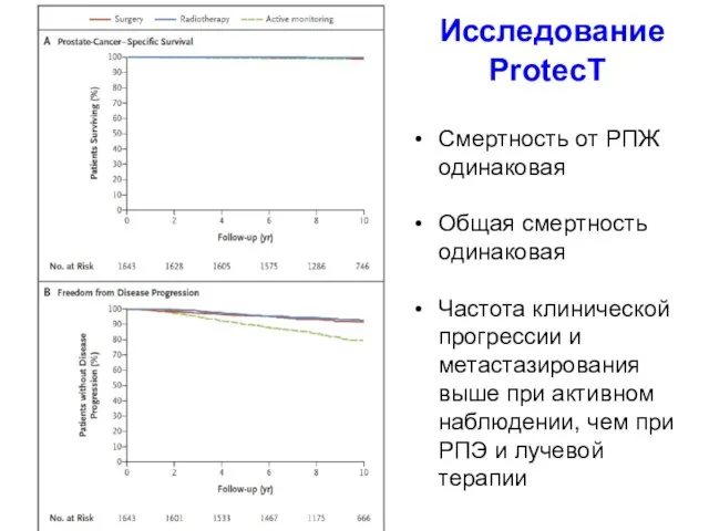 Исследование ProtecT Смертность от РПЖ одинаковая Общая смертность одинаковая Частота клинической прогрессии