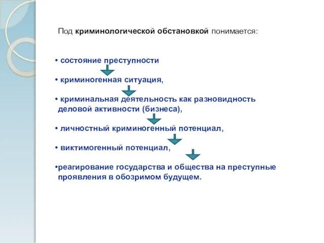 Под криминологической обстановкой понимается: состояние преступности криминогенная ситуация, криминальная деятельность как разновидность