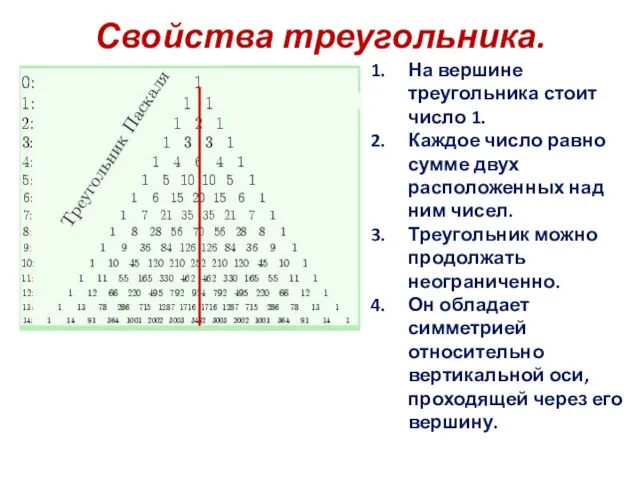 Свойства треугольника. На вершине треугольника стоит число 1. Каждое число равно сумме