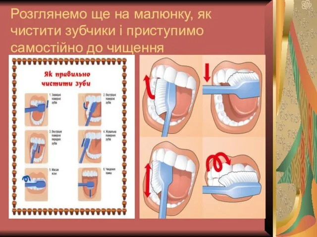 Розглянемо ще на малюнку, як чистити зубчики і приступимо самостійно до чищення