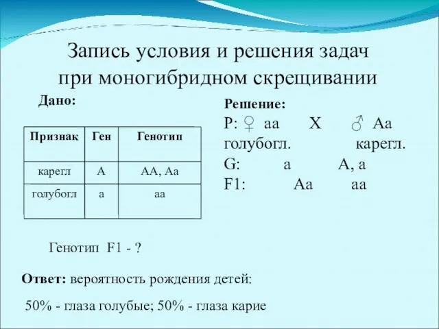 Запись условия и решения задач при моногибридном скрещивании Решение: Р: ♀ аа