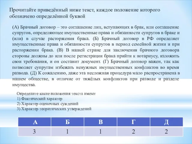 Прочитайте приведённый ниже текст, каждое положение которого обозначено определённой буквой (А) Брачный