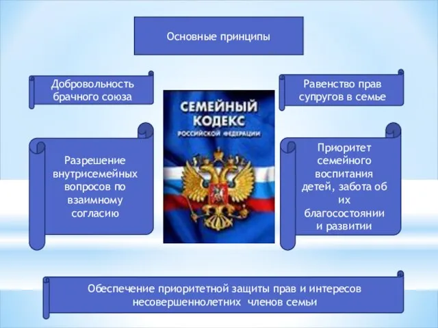 Основные принципы Добровольность брачного союза Равенство прав супругов в семье Разрешение внутрисемейных