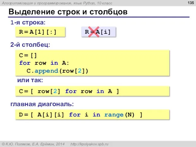 Выделение строк и столбцов 1-я строка: R = A[1][:] 2-й столбец: C