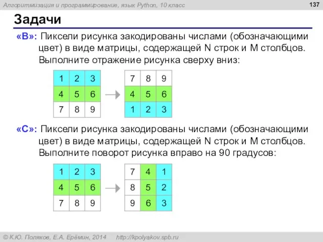 Задачи «B»: Пиксели рисунка закодированы числами (обозначающими цвет) в виде матрицы, содержащей