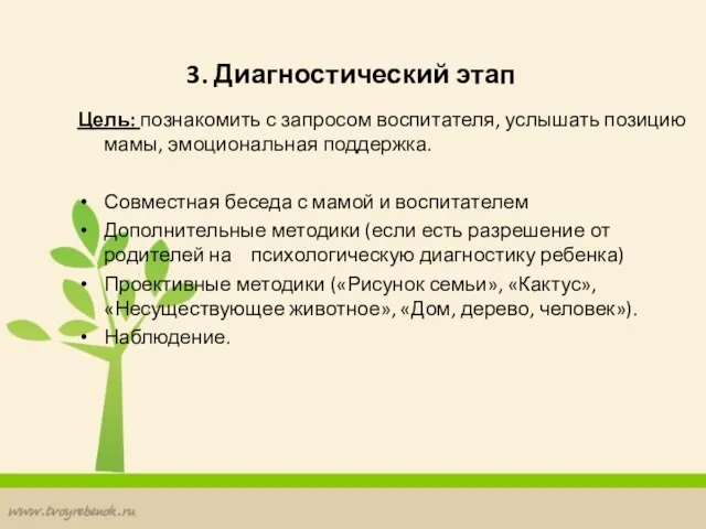 3. Диагностический этап Цель: познакомить с запросом воспитателя, услышать позицию мамы, эмоциональная