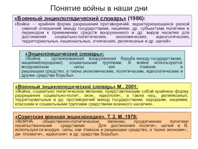 Понятие войны в наши дни «Военный энциклопедический словарь» (1986): «Война — крайняя