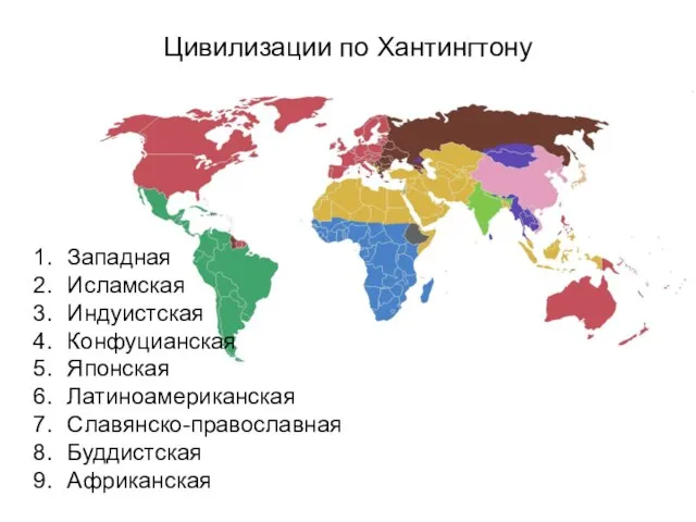 Цивилизации по Хантингтону Западная Исламская Индуистская Конфуцианская Японская Латиноамериканская Славянско-православная Буддистская Африканская