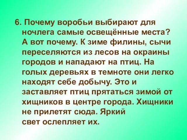 6. Почему воробьи выбирают для ночлега самые освещённые места? А вот почему.