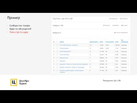 Пример Поведение ЦА в ВК Сообщество товара Ядро из обсуждений Поиск ЦА по ядру