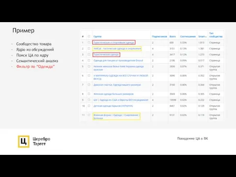 Пример Поведение ЦА в ВК Сообщество товара Ядро из обсуждений Поиск ЦА