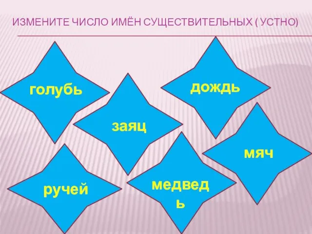 ИЗМЕНИТЕ ЧИСЛО ИМЁН СУЩЕСТВИТЕЛЬНЫХ ( УСТНО) голубь заяц дождь ручей медведь мяч