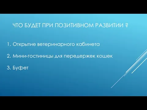 ЧТО БУДЕТ ПРИ ПОЗИТИВНОМ РАЗВИТИИ ? Открытие ветеринарного кабинета Мини-гостиницы для передержек кошек Буфет