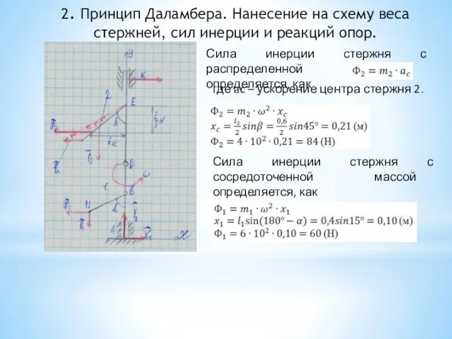 2. Принцип Даламбера. Нанесение на схему веса стержней, сил инерции и реакций