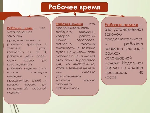 Рабочее время Рабочий день — это установленная законом продолжительность рабочего времени в