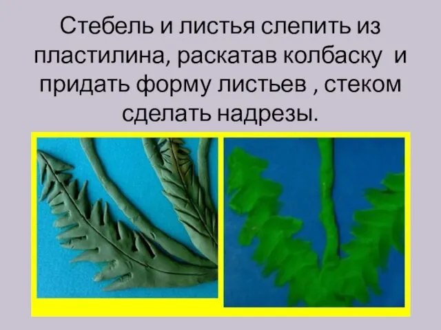 Стебель и листья слепить из пластилина, раскатав колбаску и придать форму листьев , стеком сделать надрезы.